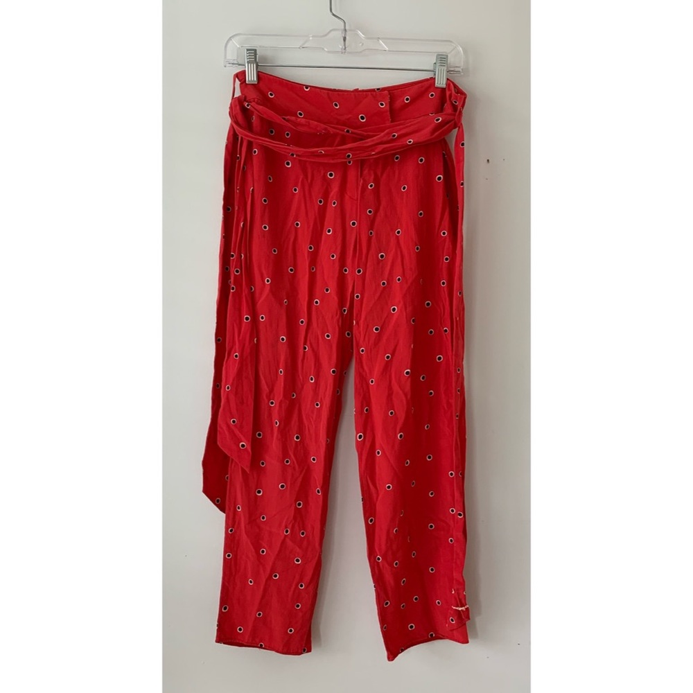 100% red silk pants with black/ white polka dots